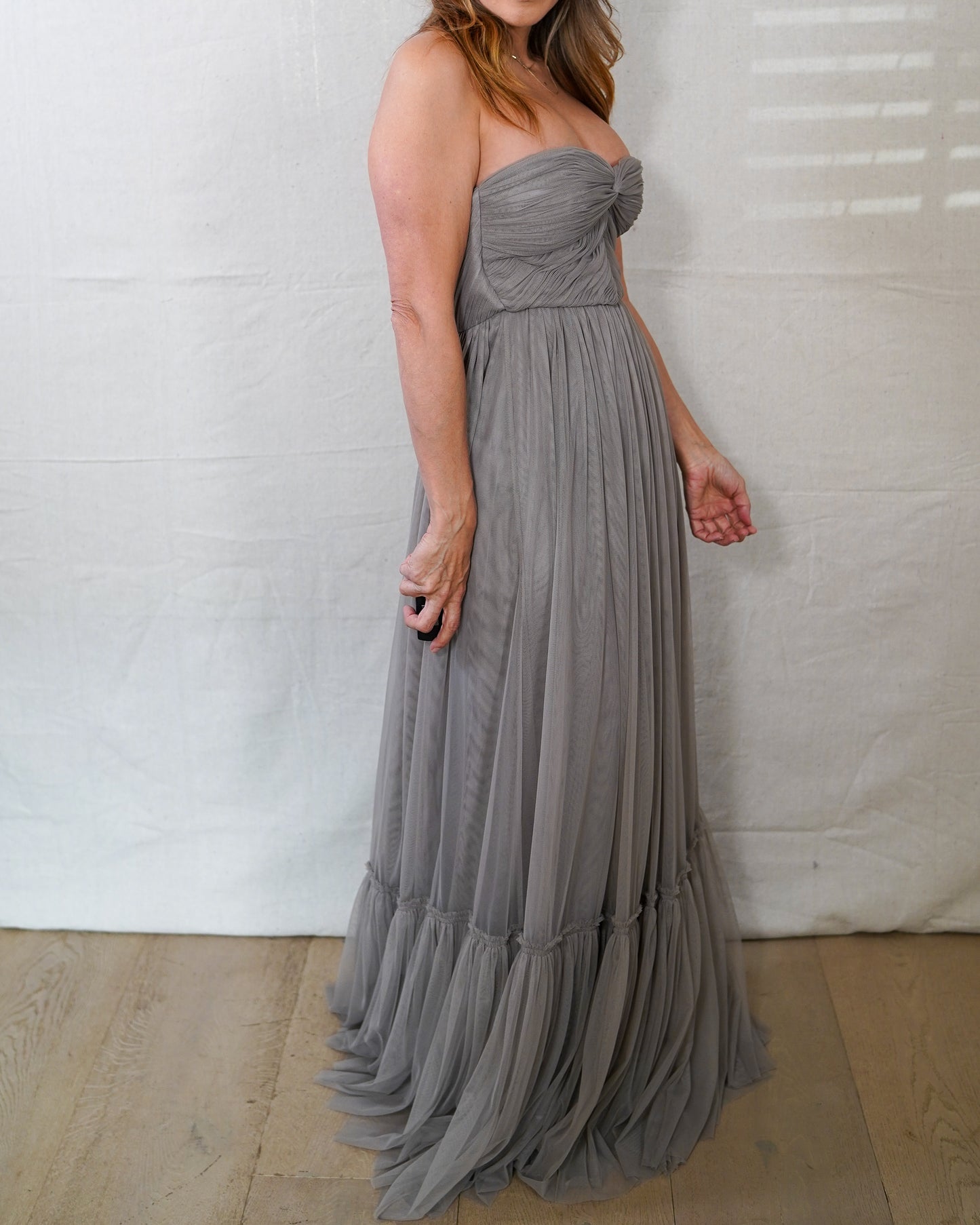 Strapless Ruched Tulle Maxi Gown Taupe Gray XS