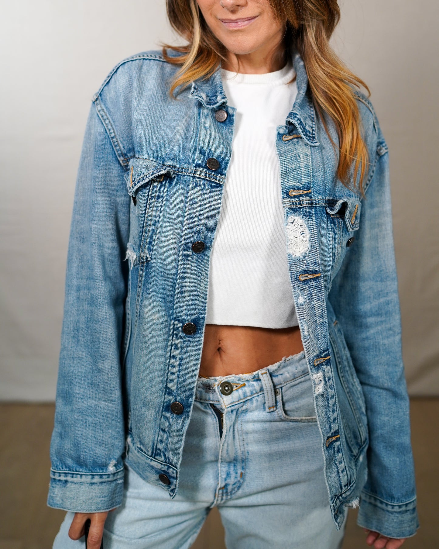 ABLE Distressed Oversized Denim Jacket Light Wash