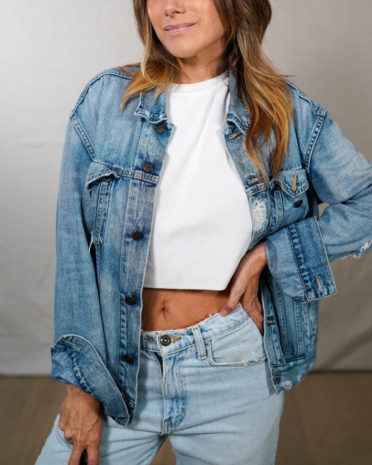 ABLE Distressed Oversized Denim Jacket Light Wash