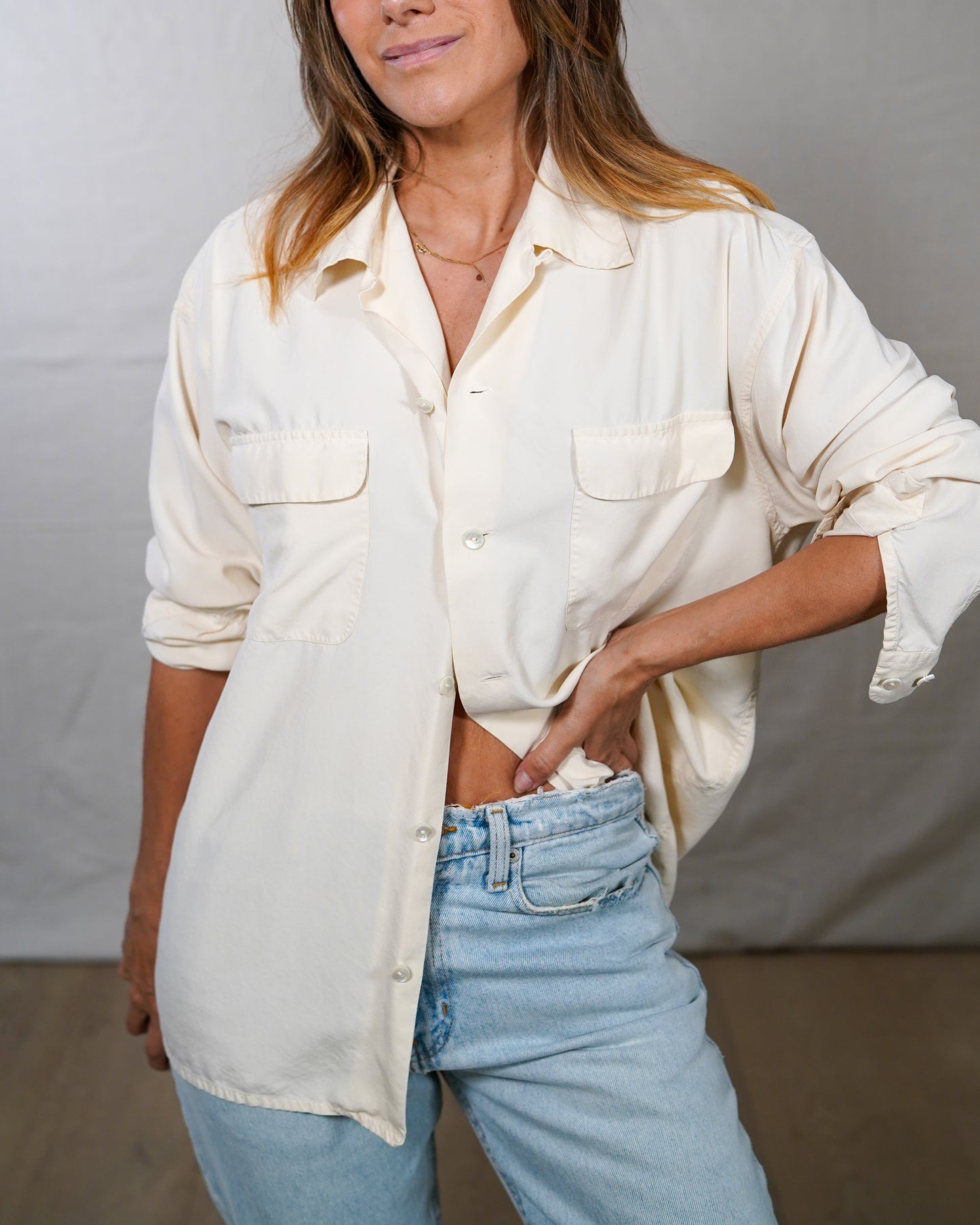 Vintage Preston & York Silk Button Down Ivory Top
