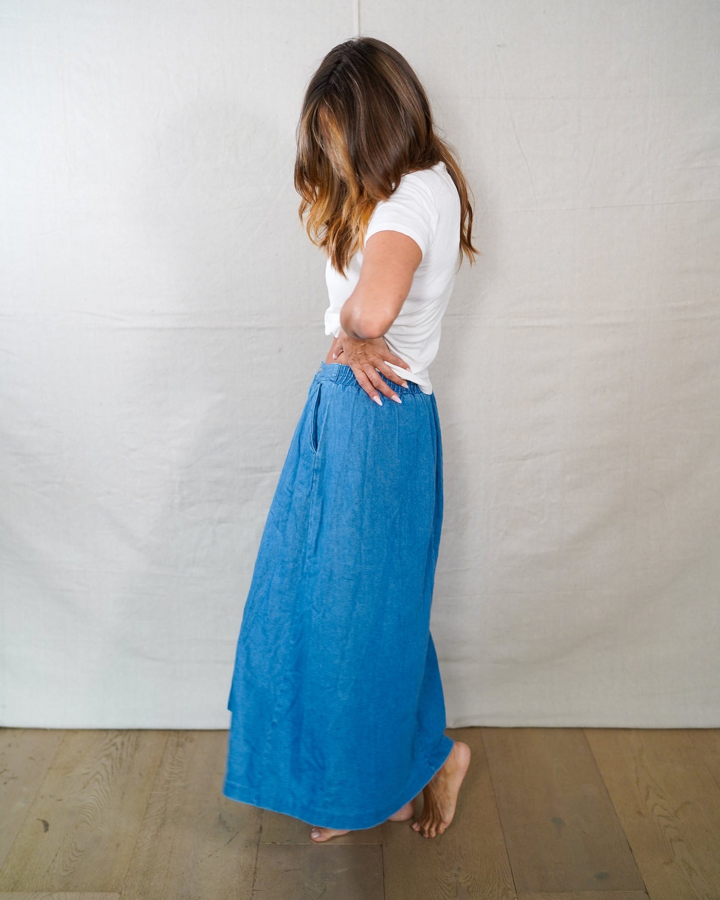 One-of-a-Kind Reworked Chambray Full Skirt | Blue | Size S