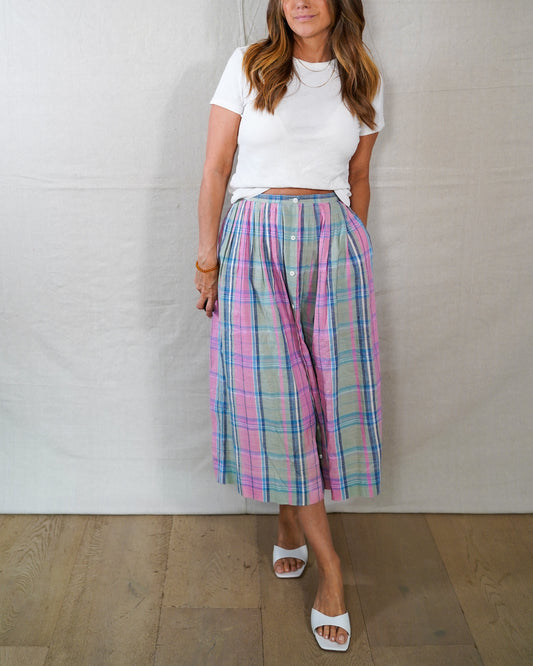 Vintage Ralph Lauren Plaid Cotton Skirt | Pink Sage Blue | Size S/M