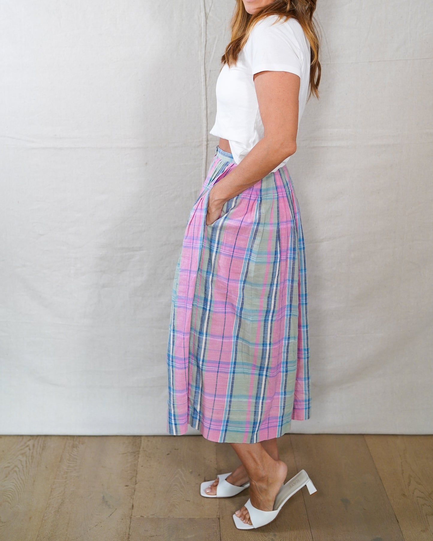 Vintage Ralph Lauren Plaid Cotton Skirt | Pink Sage Blue | Size S/M