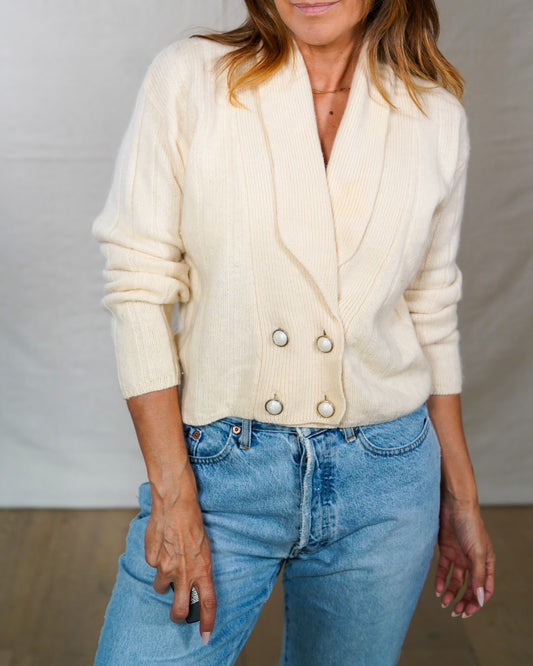 Vintage Lambswool Angora Pearl Button Shawl Collar Cardigan Cream S