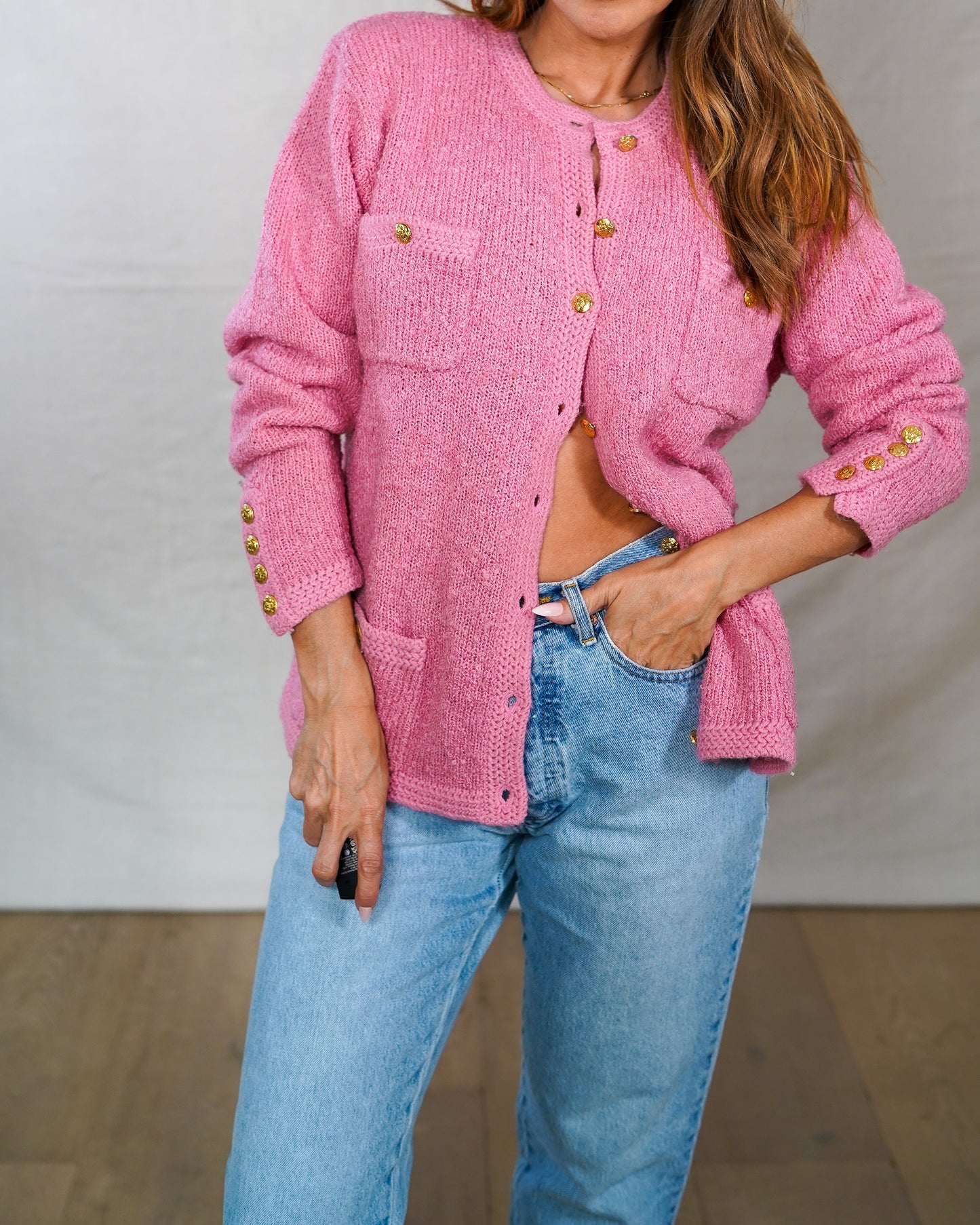 Pink Bouclé Vintage Cardigan