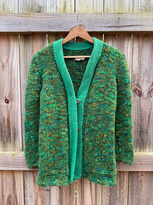 Vintage Hand-Knit Green Wool Cardigan by Gladys Massey