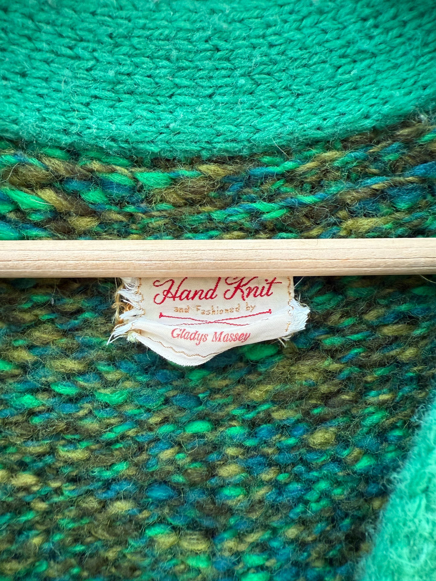 Vintage Hand-Knit Green Wool Cardigan by Gladys Massey