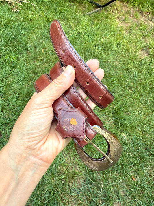 Vintage Western Brass & Tortoise Shell Buckle Belt