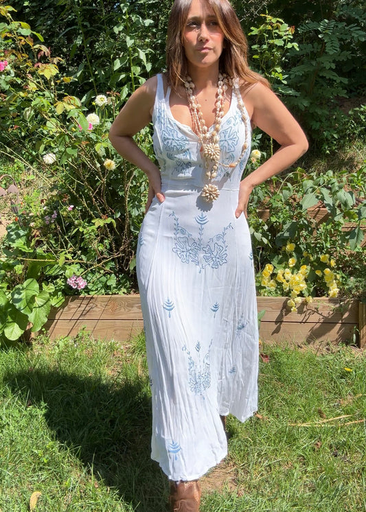 Y2K Coastal Cowboy White Embroidered Maxi Dress