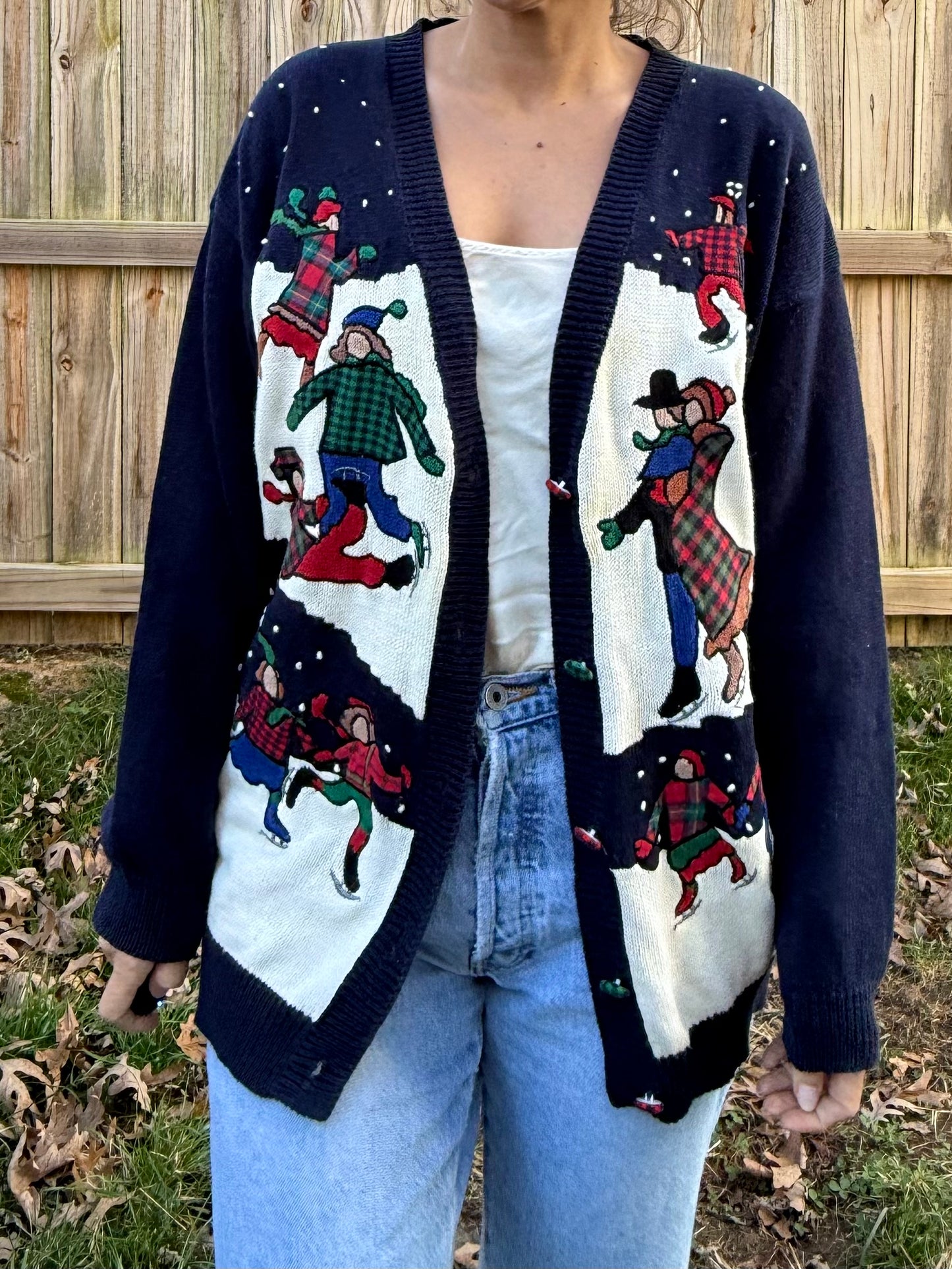 1992 Susan Bristol Embroidered Cardigan Holiday Ice Skating