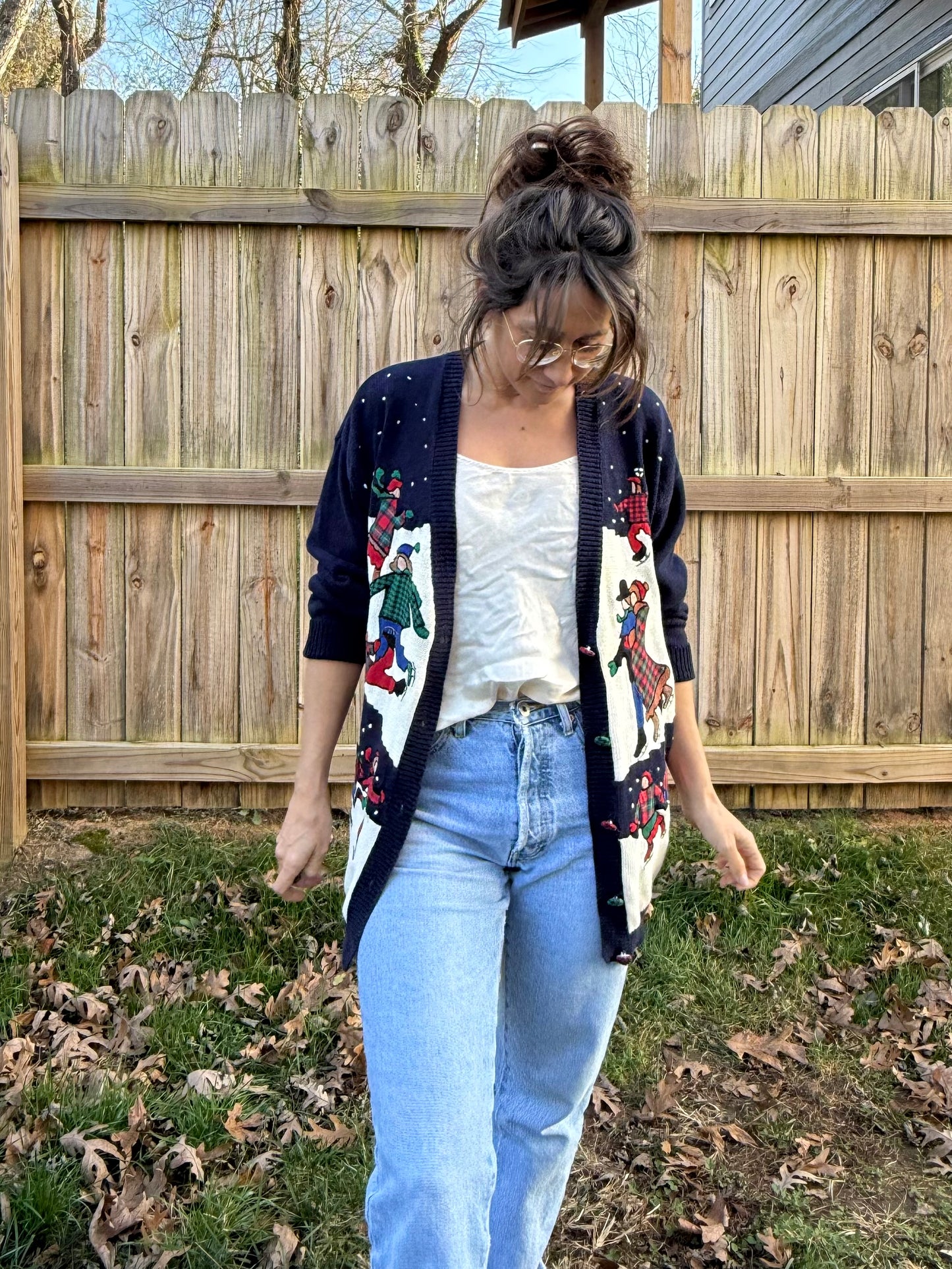 1992 Susan Bristol Embroidered Cardigan Holiday Ice Skating