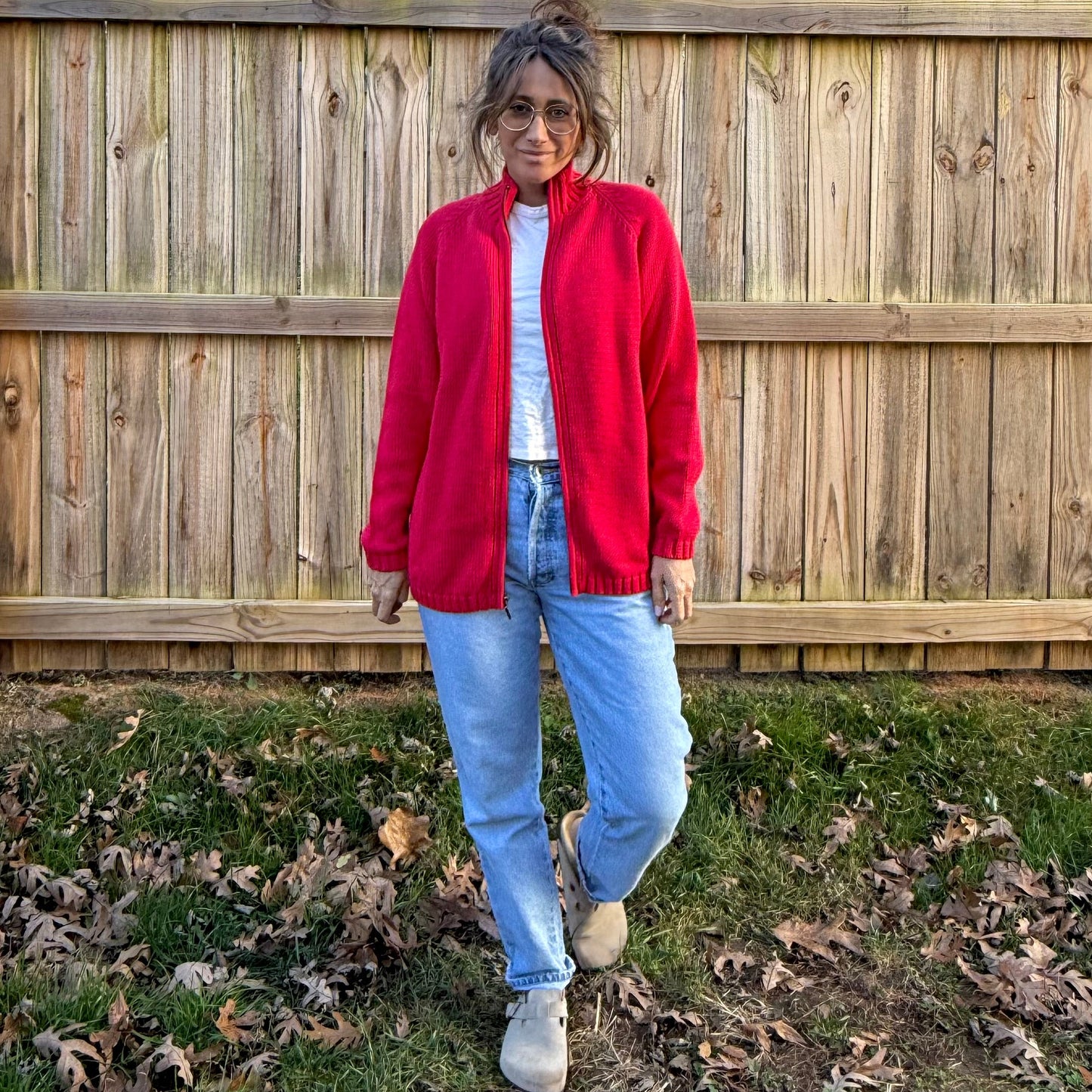 Lands’ End Red Full-Zip Ribbed Knit Jacket Cotton Holiday Sweater