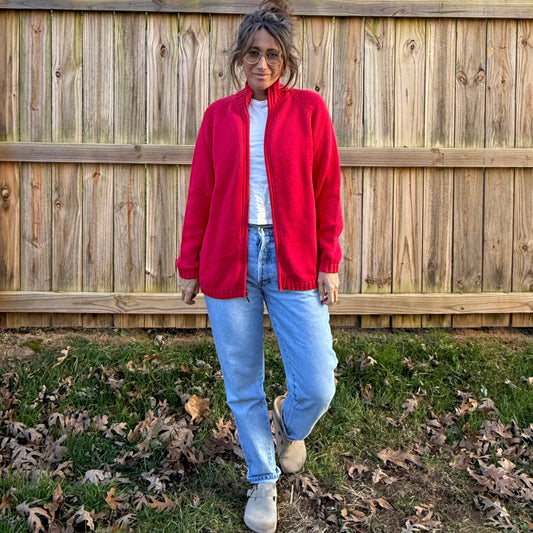 Lands’ End Red Full-Zip Ribbed Knit Jacket Cotton Holiday Sweater