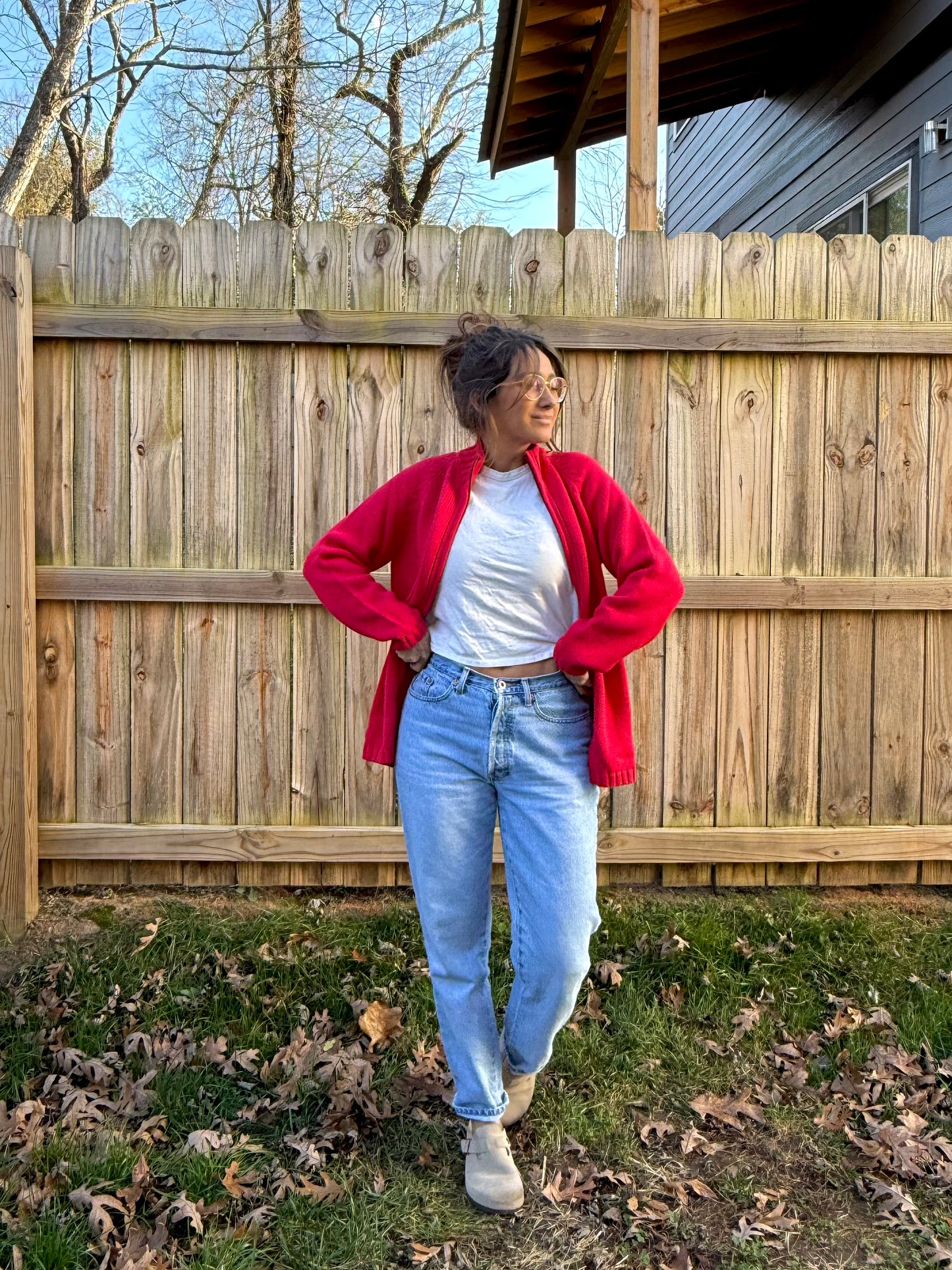 Lands’ End Red Full-Zip Ribbed Knit Jacket Cotton Holiday Sweater