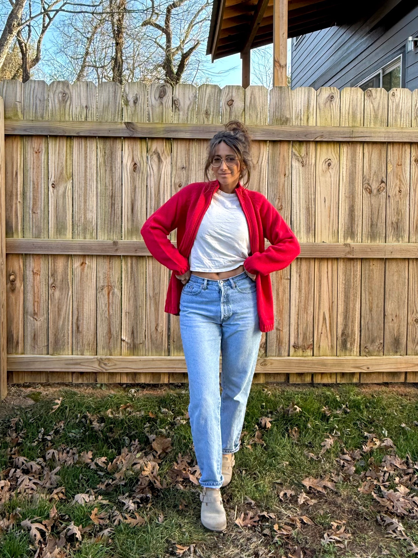 Lands’ End Red Full-Zip Ribbed Knit Jacket Cotton Holiday Sweater