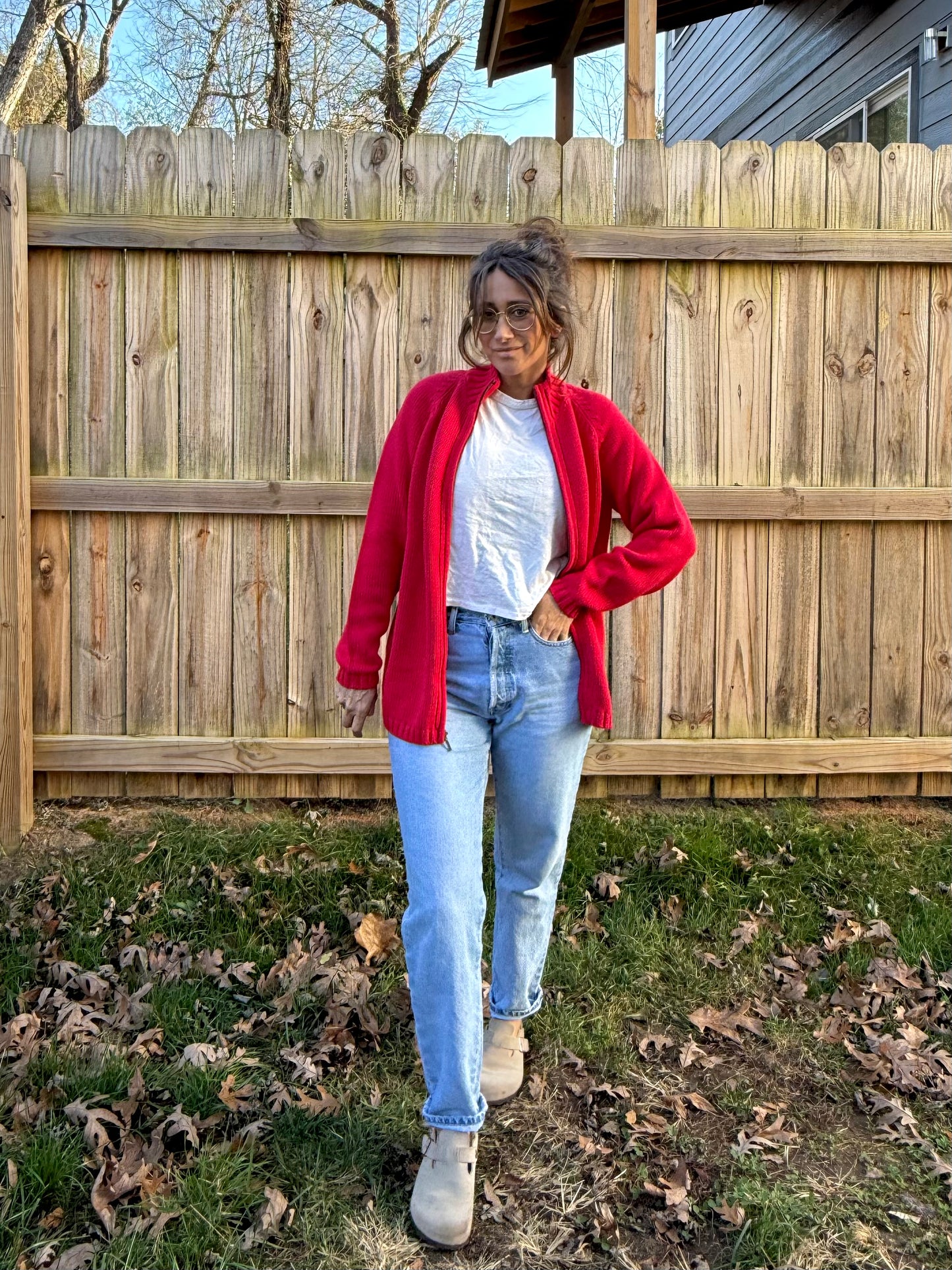 Lands’ End Red Full-Zip Ribbed Knit Jacket Cotton Holiday Sweater