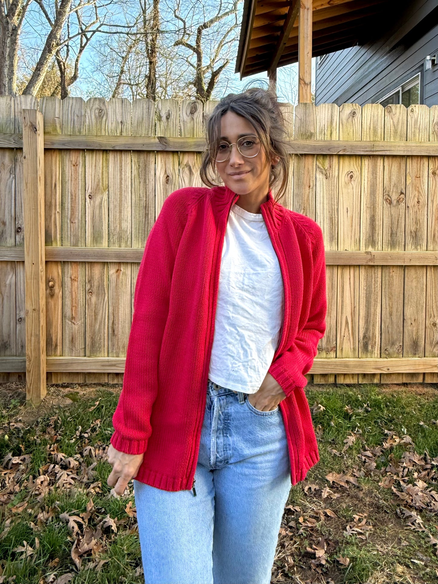 Lands’ End Red Full-Zip Ribbed Knit Jacket Cotton Holiday Sweater