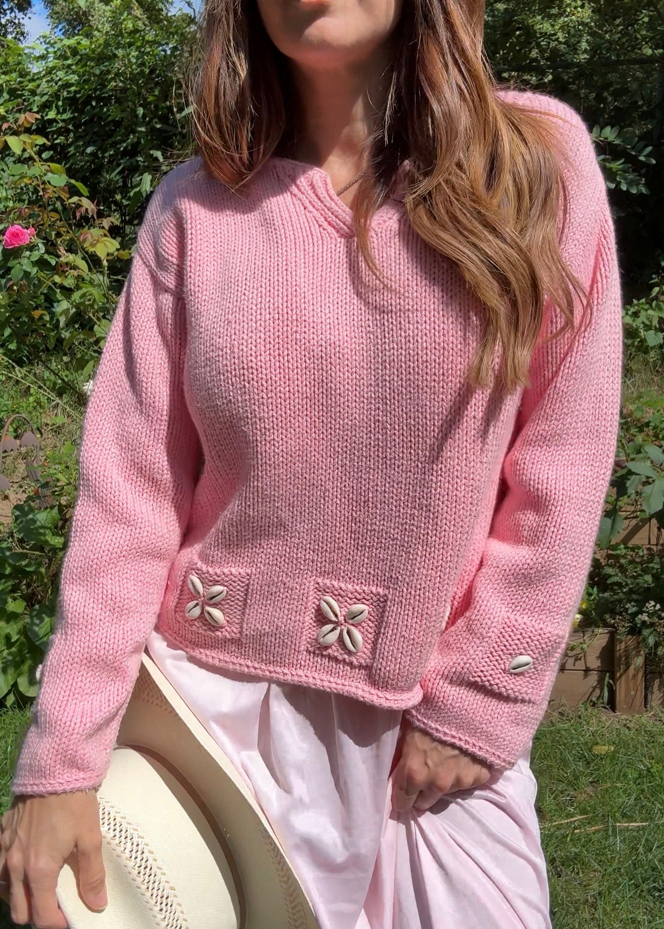 Cowrie Shell Knit Sweater — Bubblegum Pink 90s Surf / Coastal Cowboy