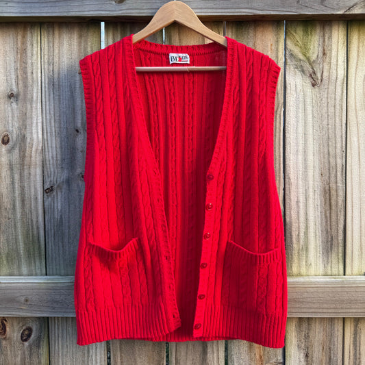 Vintage Red Wool-Blend Cable-Knit Button Vest