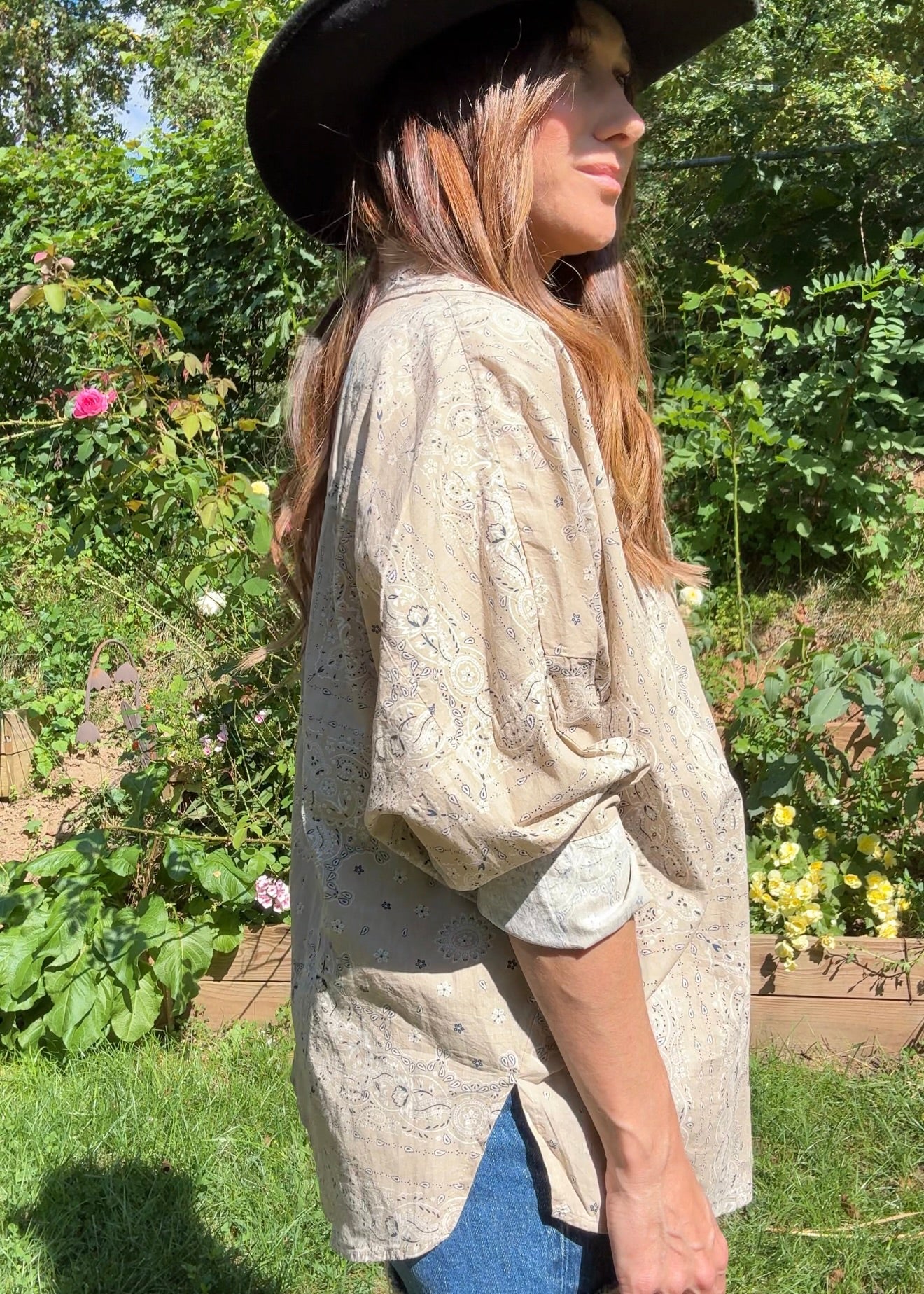 Bandana Print Button-Down Shirt — Taupe / Western Luxe