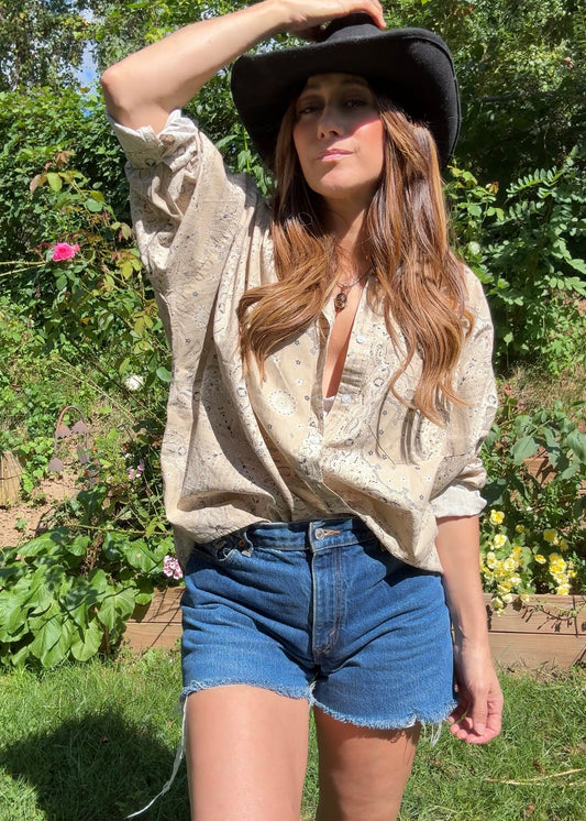 Bandana Print Button-Down Shirt — Taupe / Western Luxe