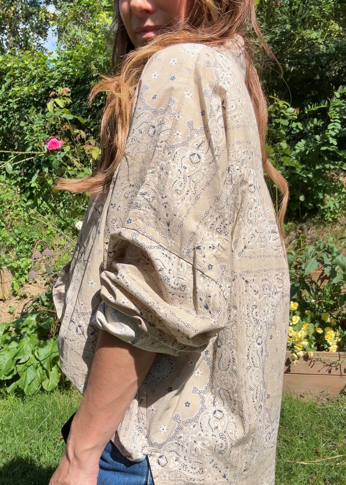 Bandana Print Button-Down Shirt — Taupe / Western Luxe