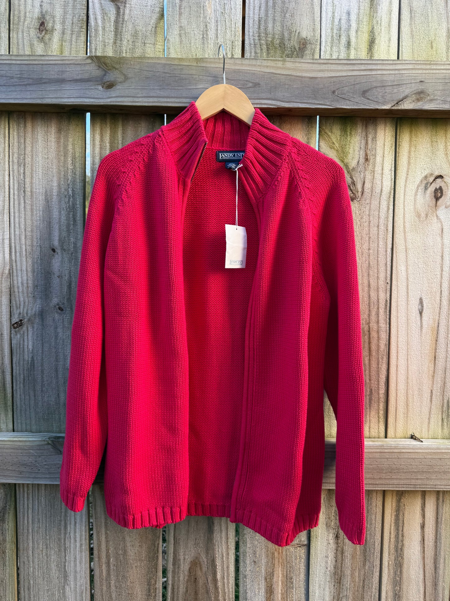 Lands’ End Red Full-Zip Ribbed Knit Jacket Cotton Holiday Sweater