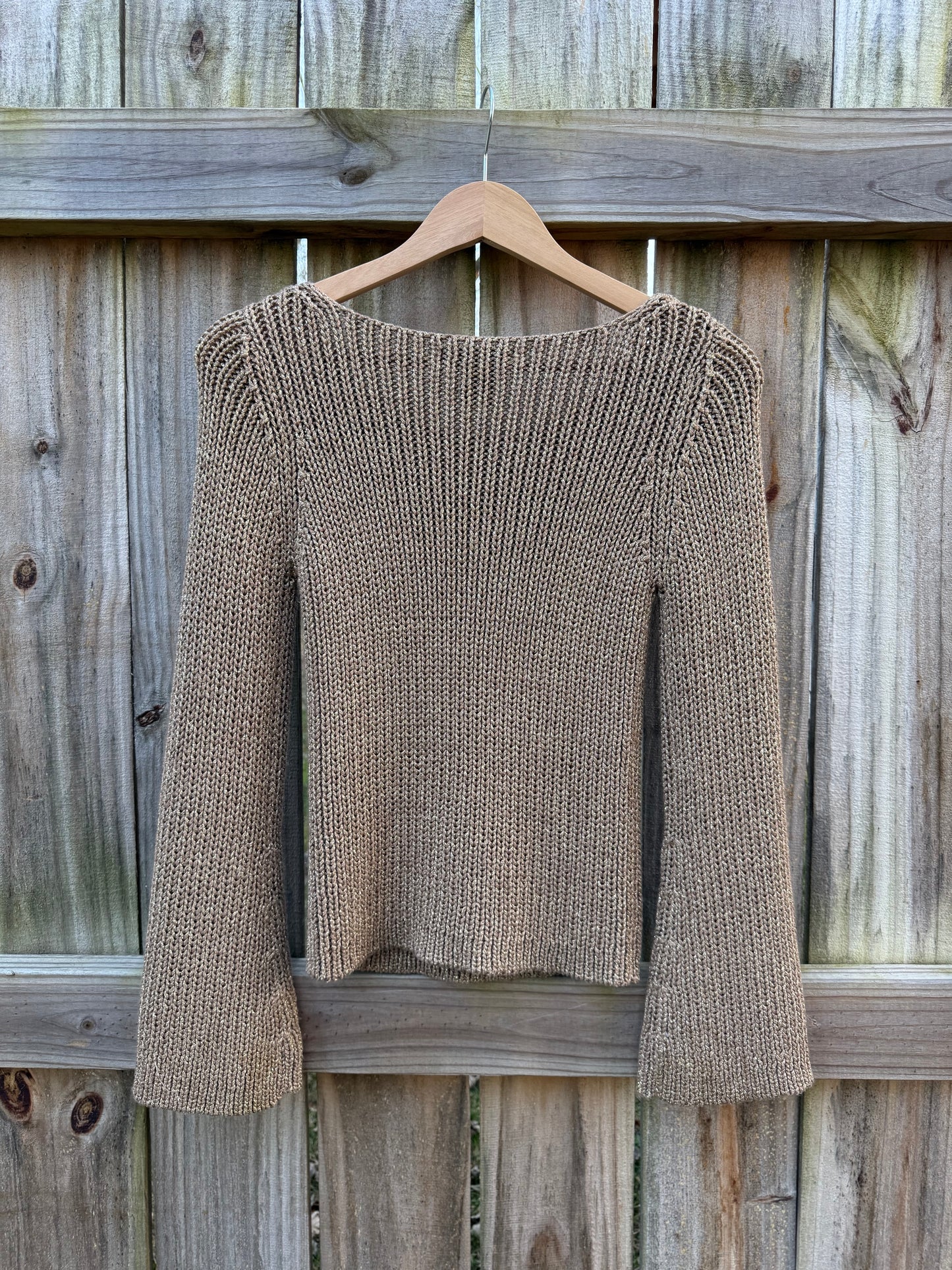 Metallic Taupe Gold Scoop-Neck Knit Sweater (Bell Sleeve)