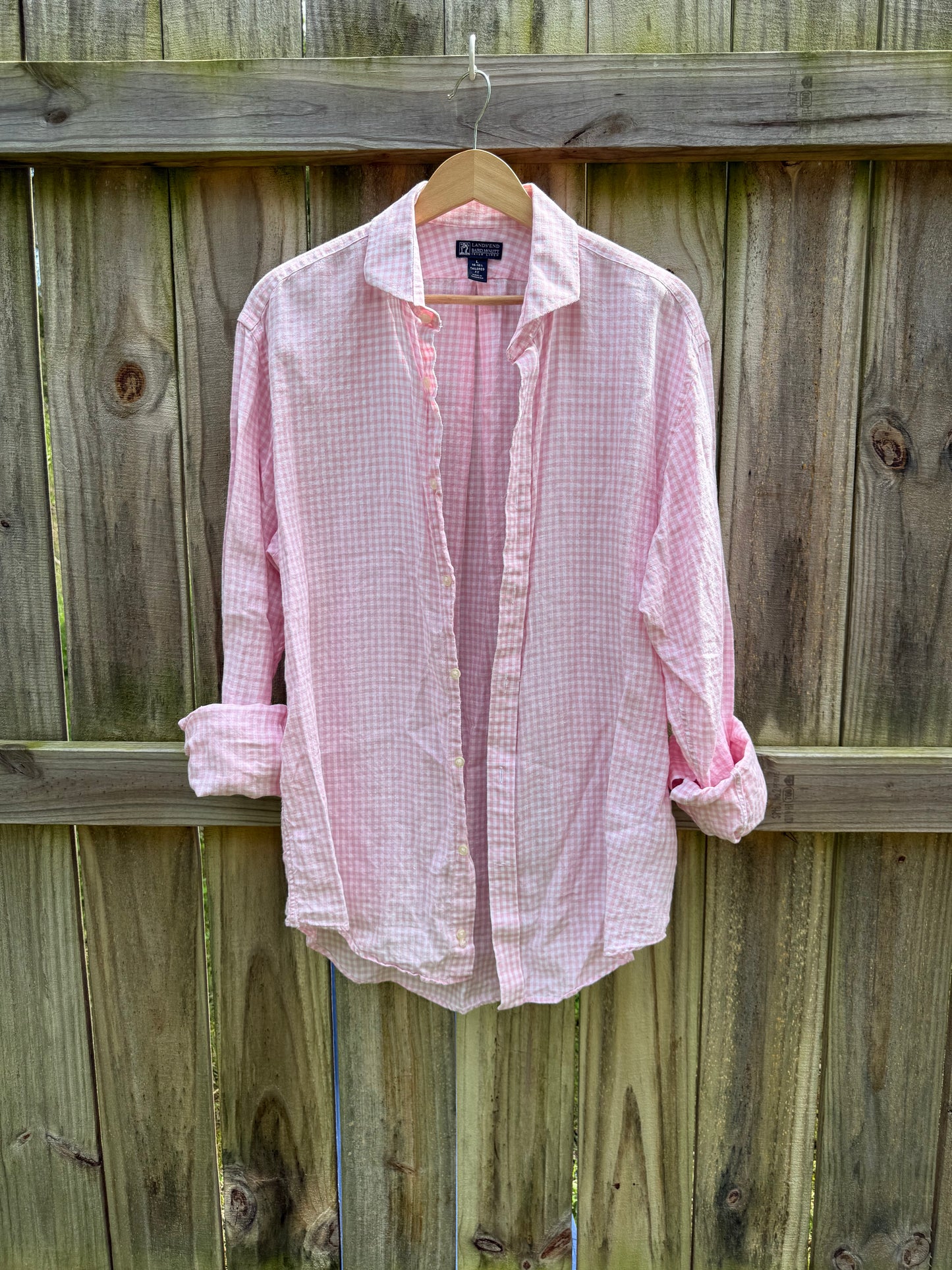 Lands' End British Linen Pink Gingham Button-Up