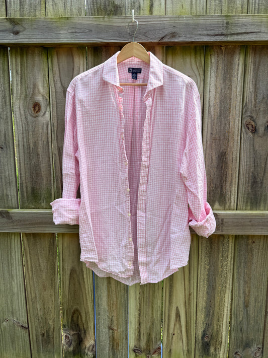 Lands' End British Linen Pink Gingham Button-Up