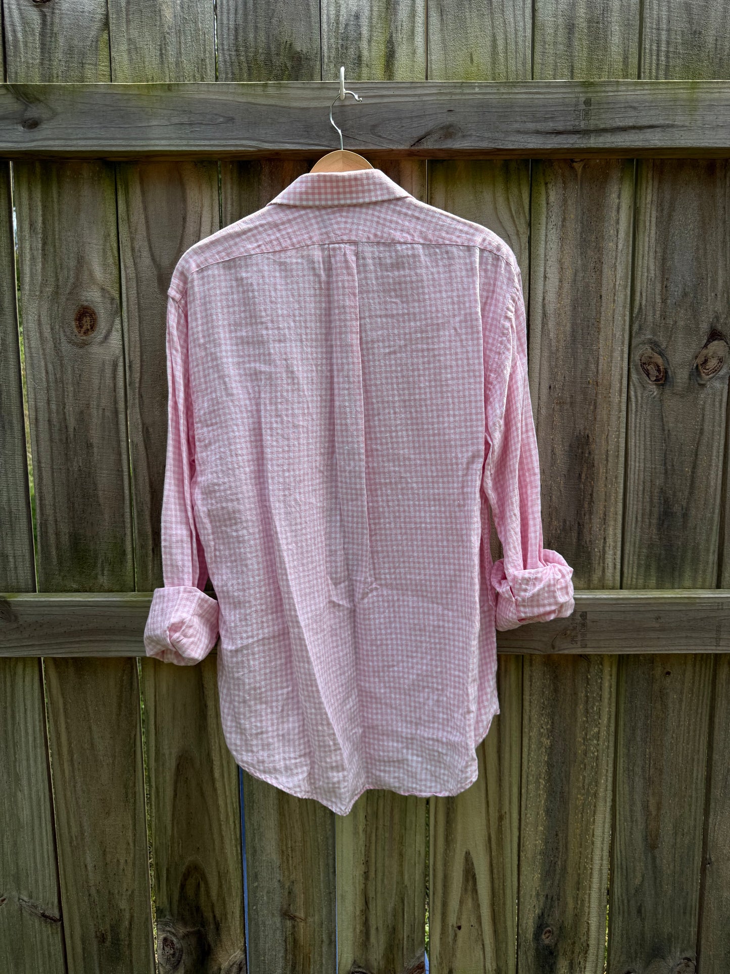 Lands' End British Linen Pink Gingham Button-Up