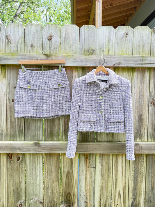 Zara Lilac Bouclé Tweed Skirt Set | Cropped Jacket | Chanel Inspired Lavender Co-Ord | Quiet Luxury | Size Small