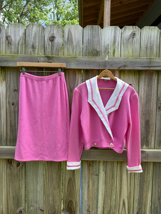Vintage St. John by Marie Gray Pink Knit Skirt Suit | Sailor Collar | Made in USA | Size 12