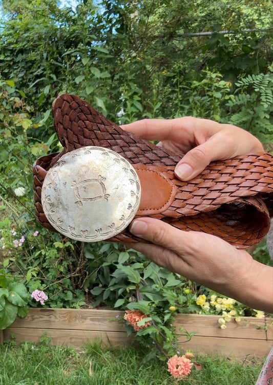 Vintage Woven Leather Concho Belt / Western / Boho
