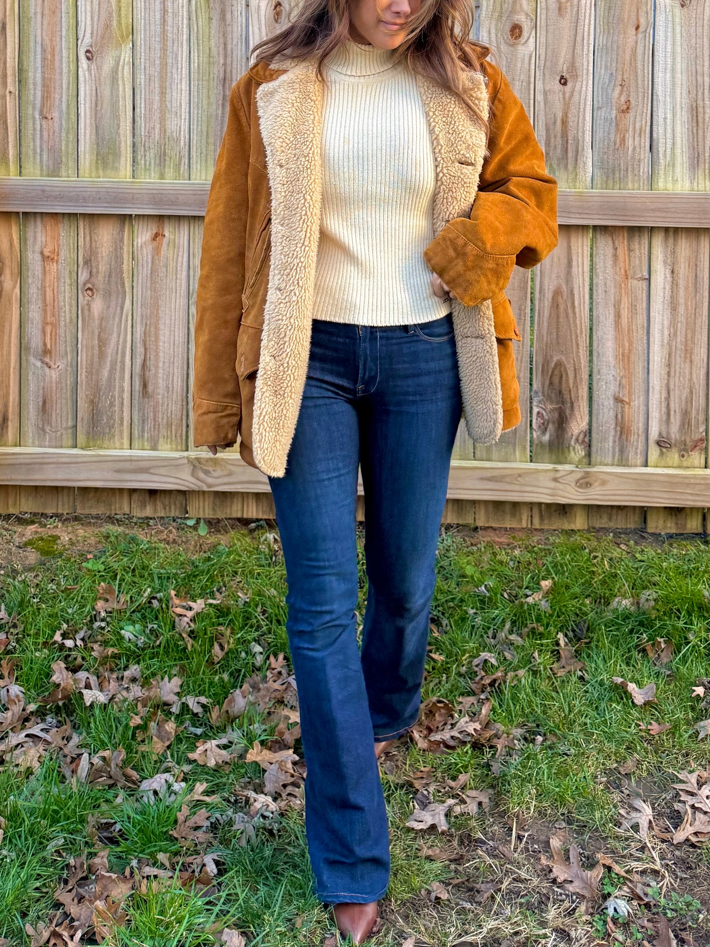 Schott western suede shearling coat jacket made in USA caramel brown vintage