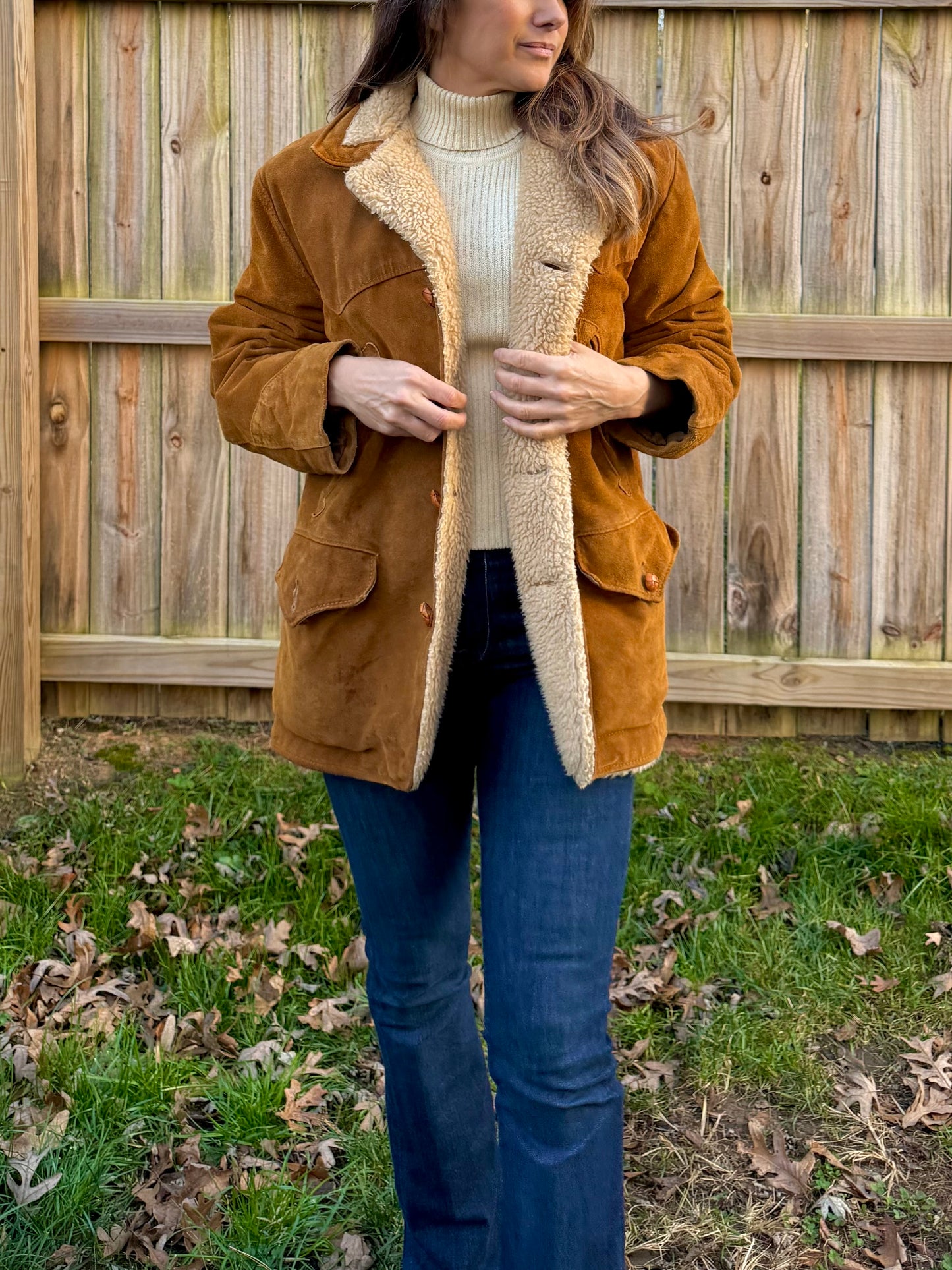 Schott western suede shearling coat jacket made in USA caramel brown vintage