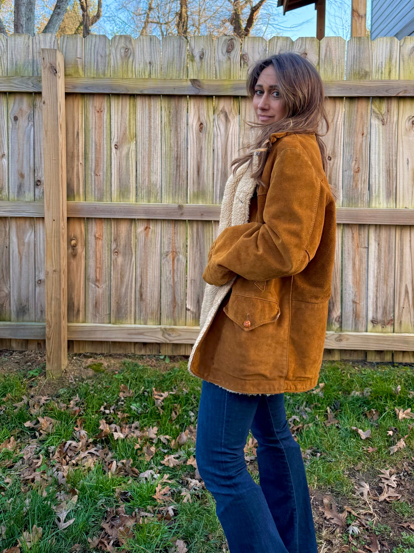 Schott western suede shearling coat jacket made in USA caramel brown vintage