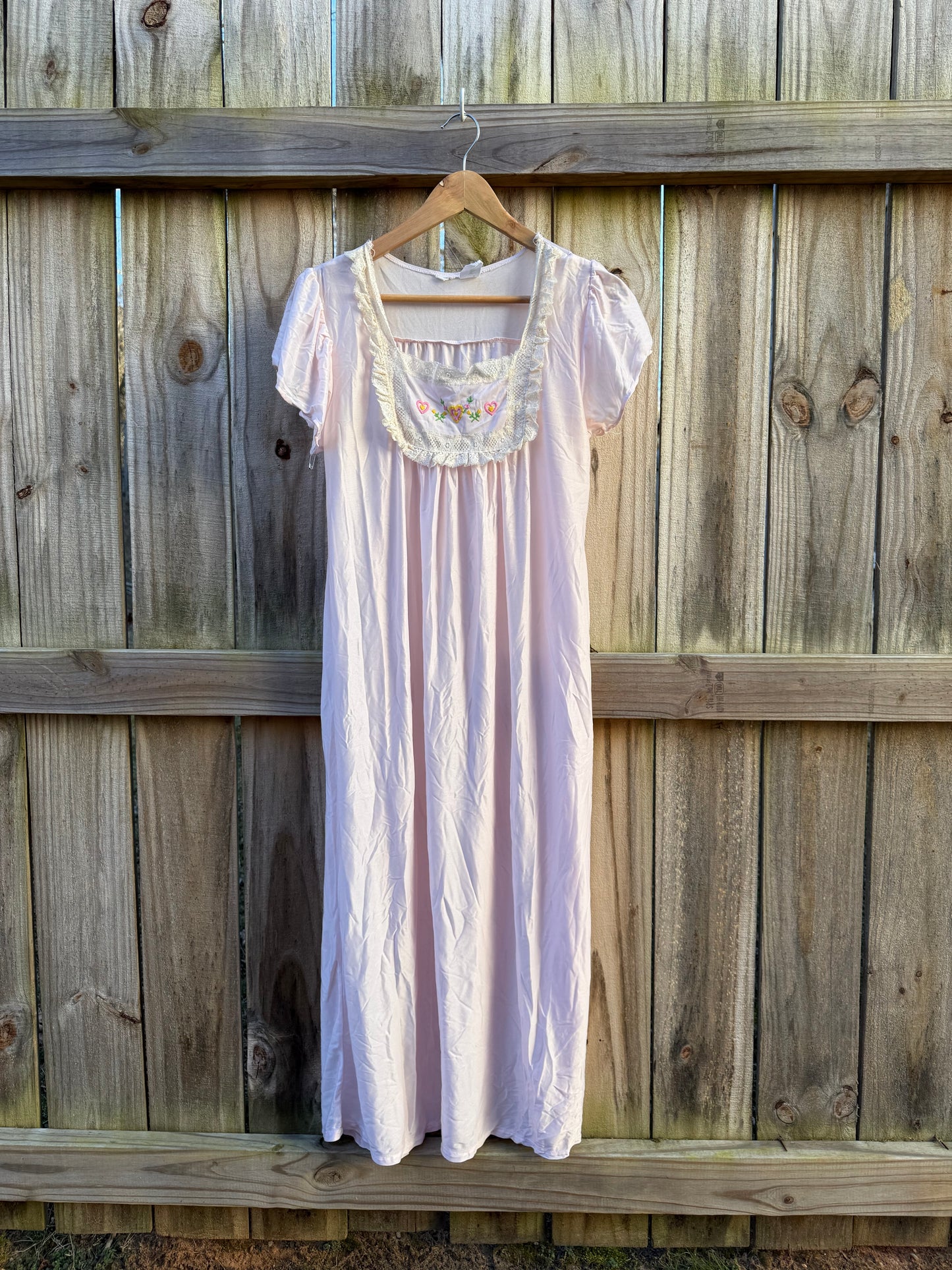 Vintage Embroidered Heart Nightgown — Soft Pink