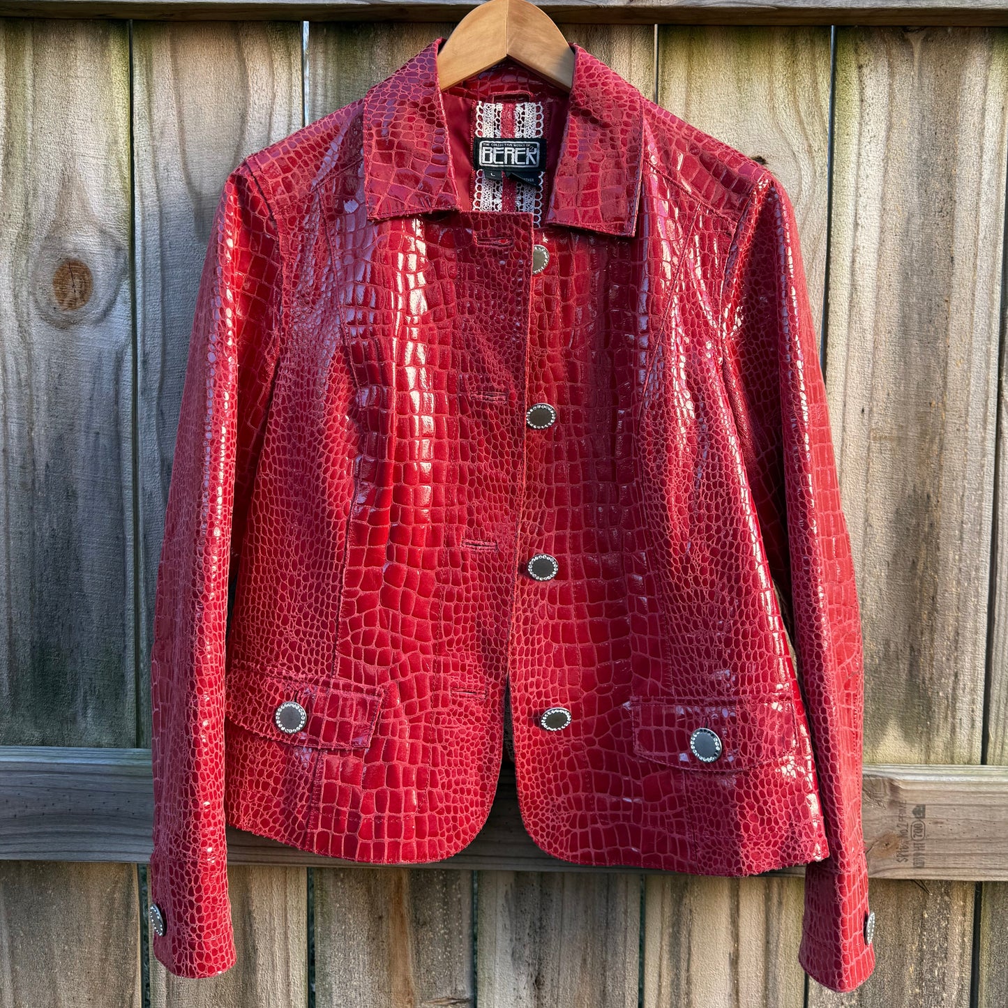 Vintage Glossy Red Croc Leather Jacket Y2K