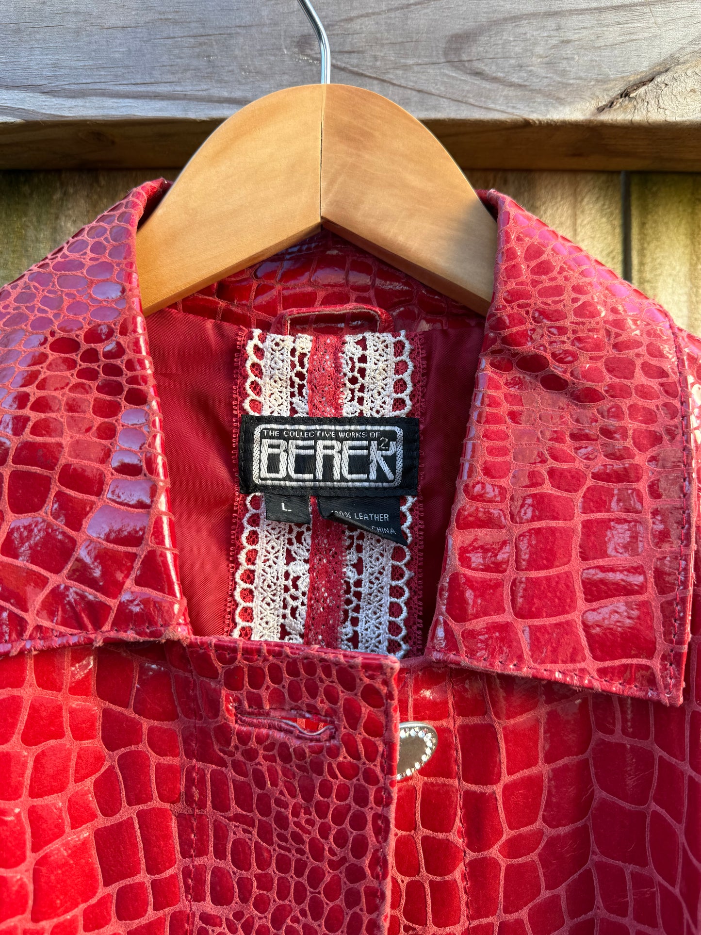 Vintage Glossy Red Croc Leather Jacket Y2K