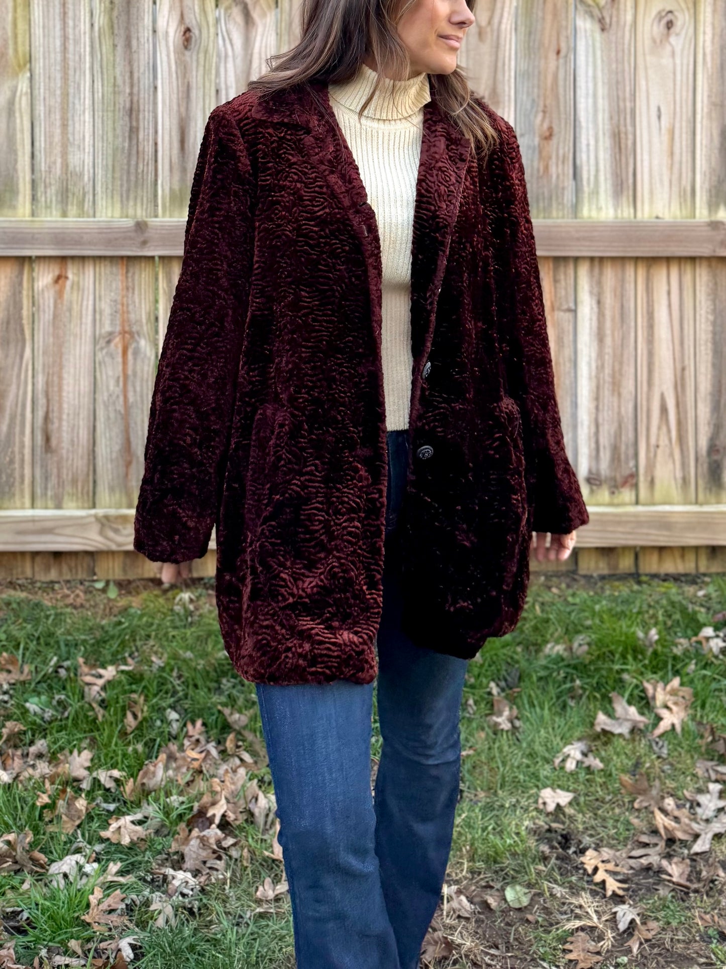 Plum Textured Faux Fur Lodge Coat | Vintage Aspen Winter Statement