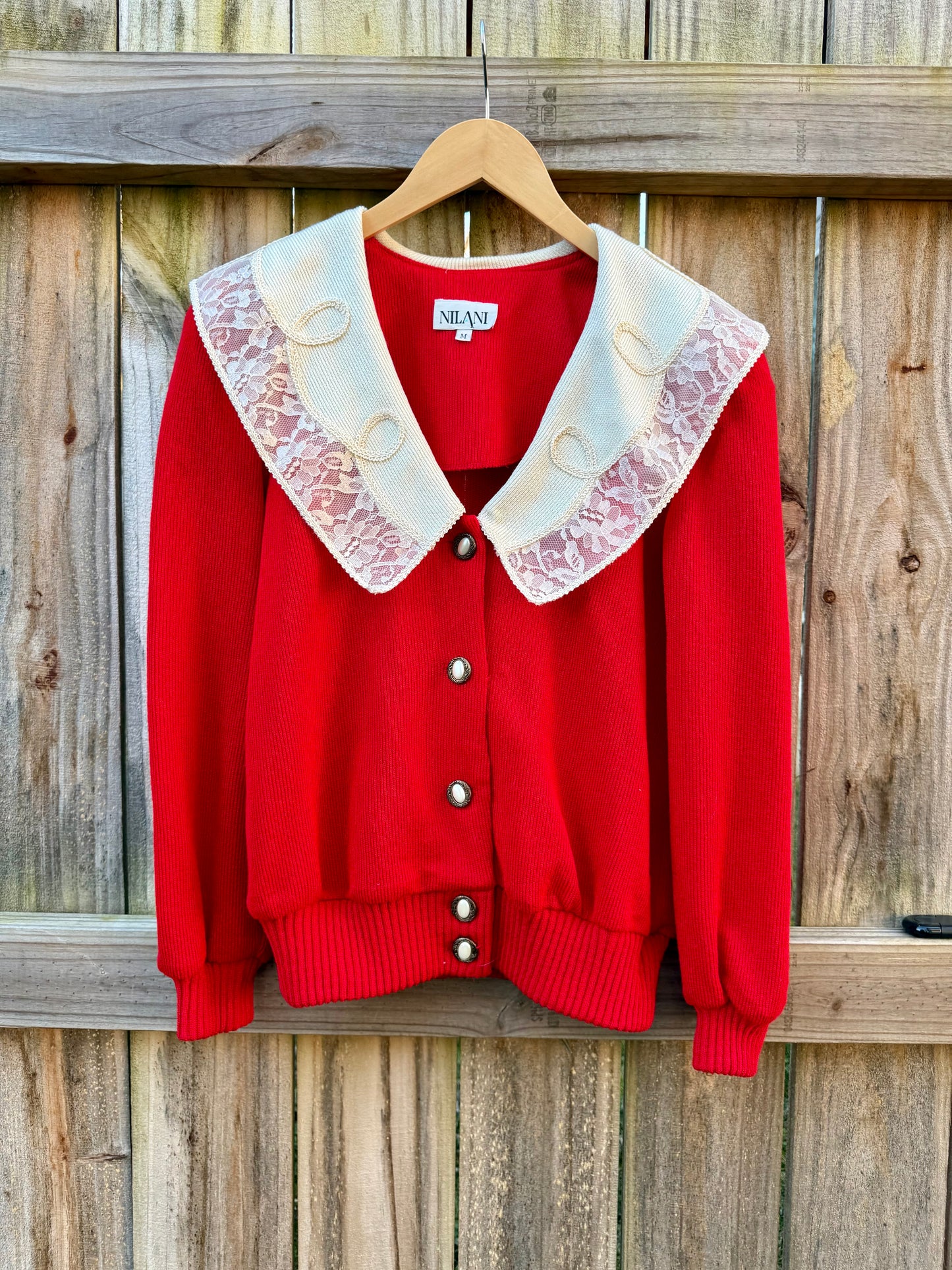 Reworked Vintage Red Cardigan with Lace Collar - Grandmillenial - Holiday