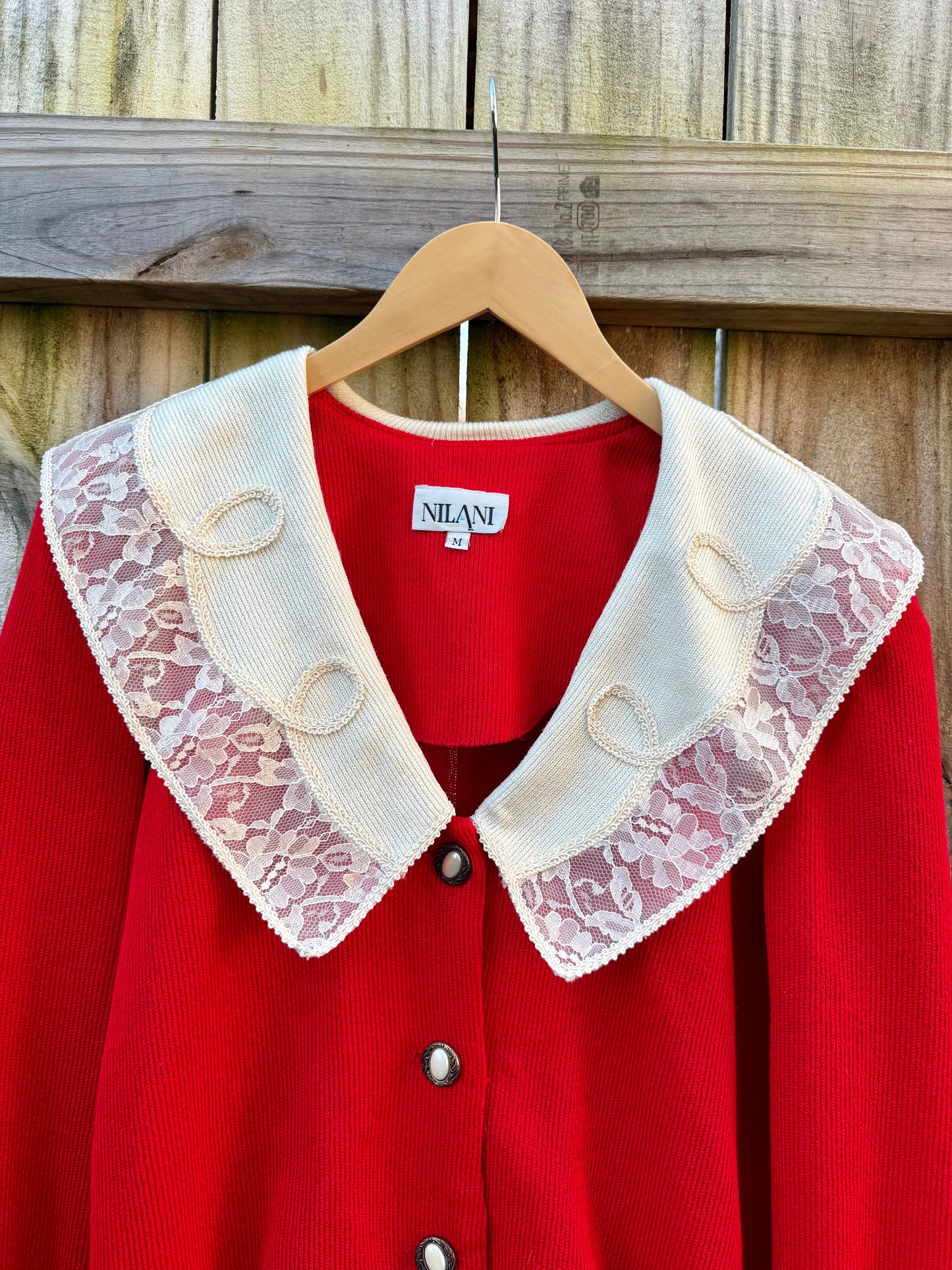 Reworked Vintage Red Cardigan with Lace Collar - Grandmillenial - Holiday