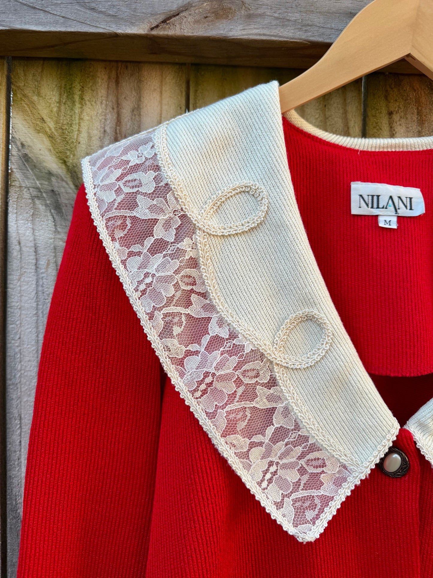 Reworked Vintage Red Cardigan with Lace Collar - Grandmillenial - Holiday