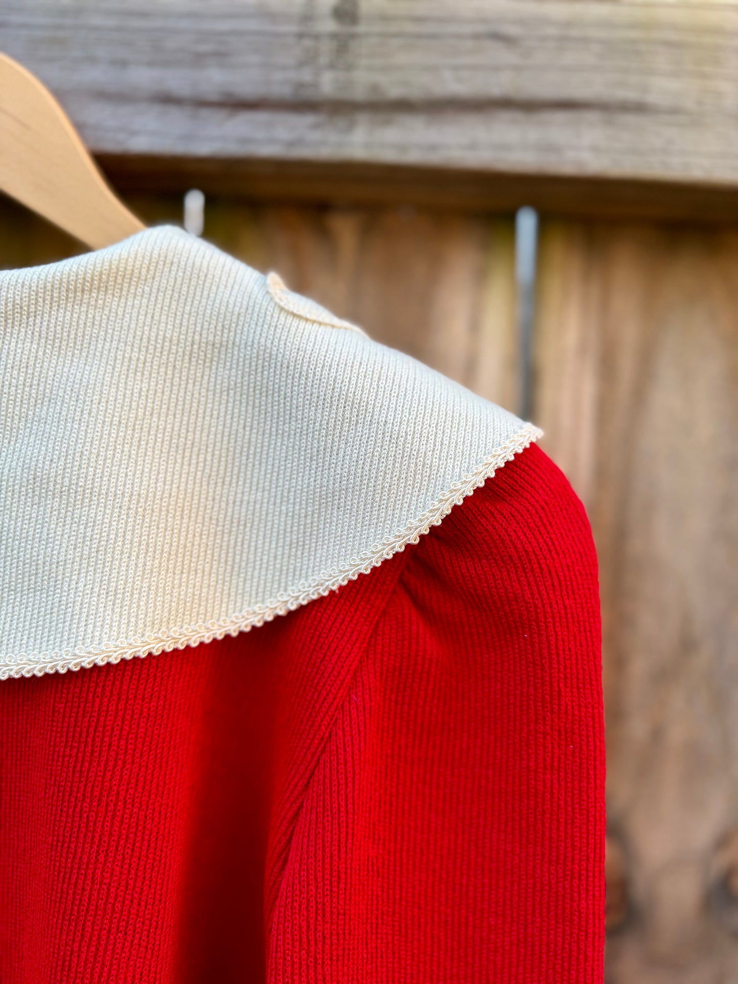 Reworked Vintage Red Cardigan with Lace Collar - Grandmillenial - Holiday