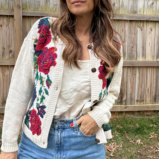 Vintage Floral Embroidered Knit Cardigan | Cream Chunky Sweater | Cottagecore