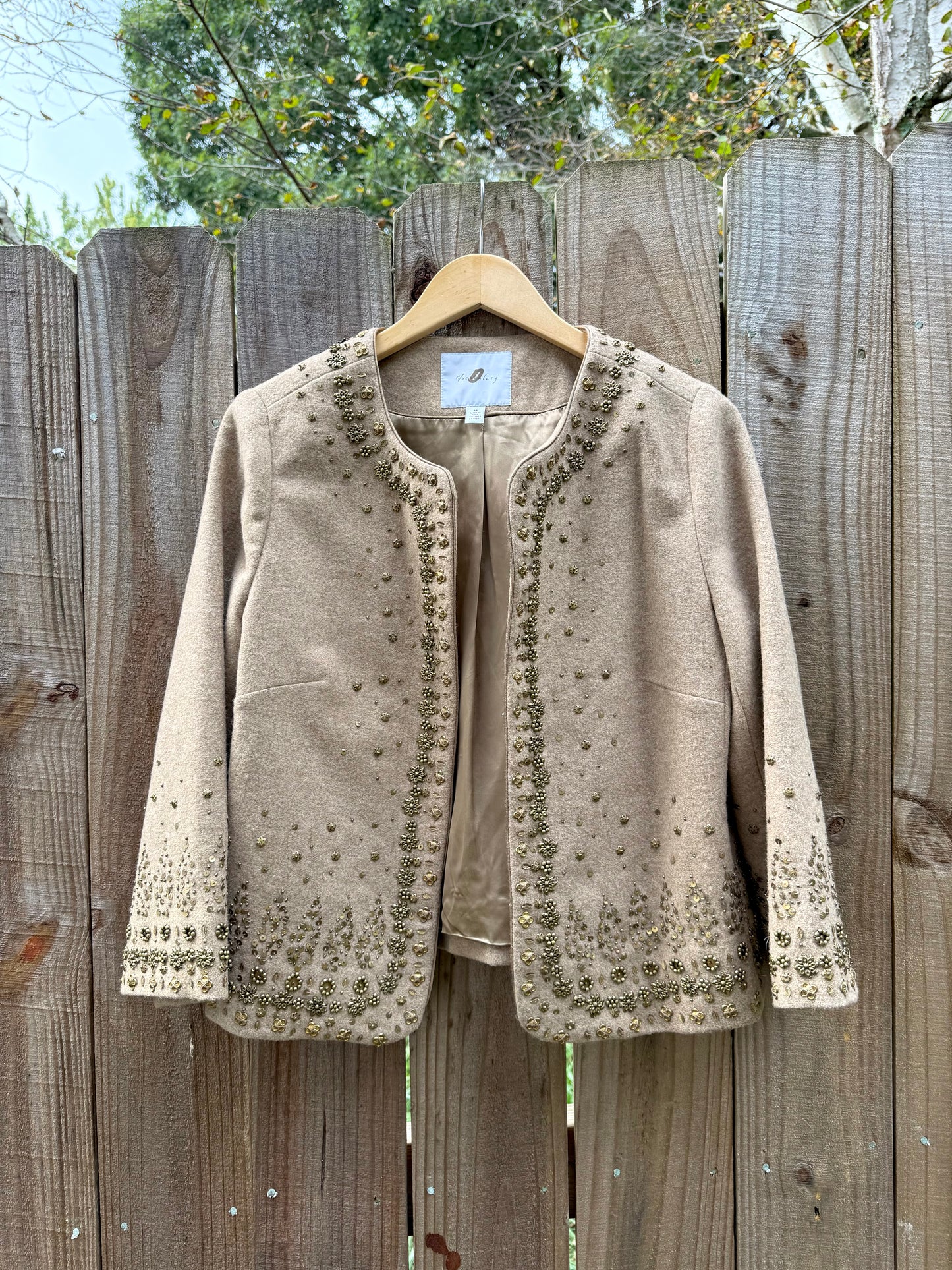 Embellished Neutral Wool Jacket – Beaded 90s Statement