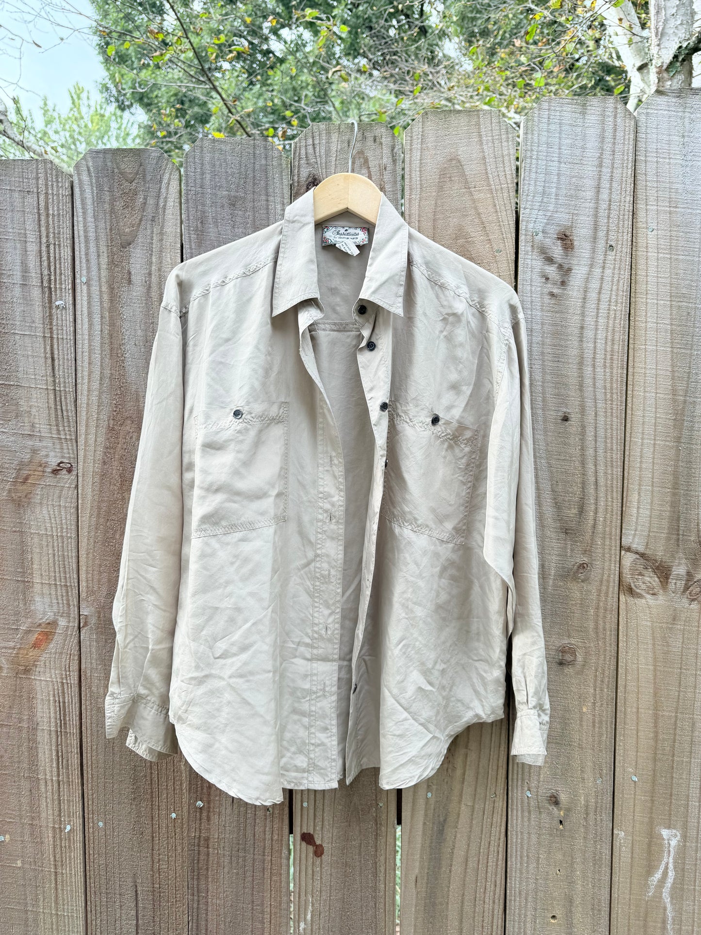90s True Vintage Silk Button Down – Taupe Minimalist