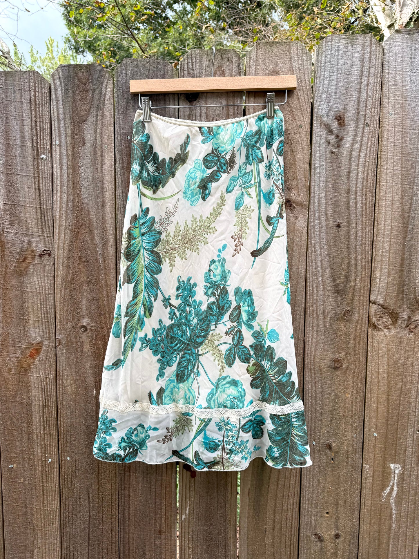 Vintage 90s Floral Slip Skirt with Lace Trim Y2K