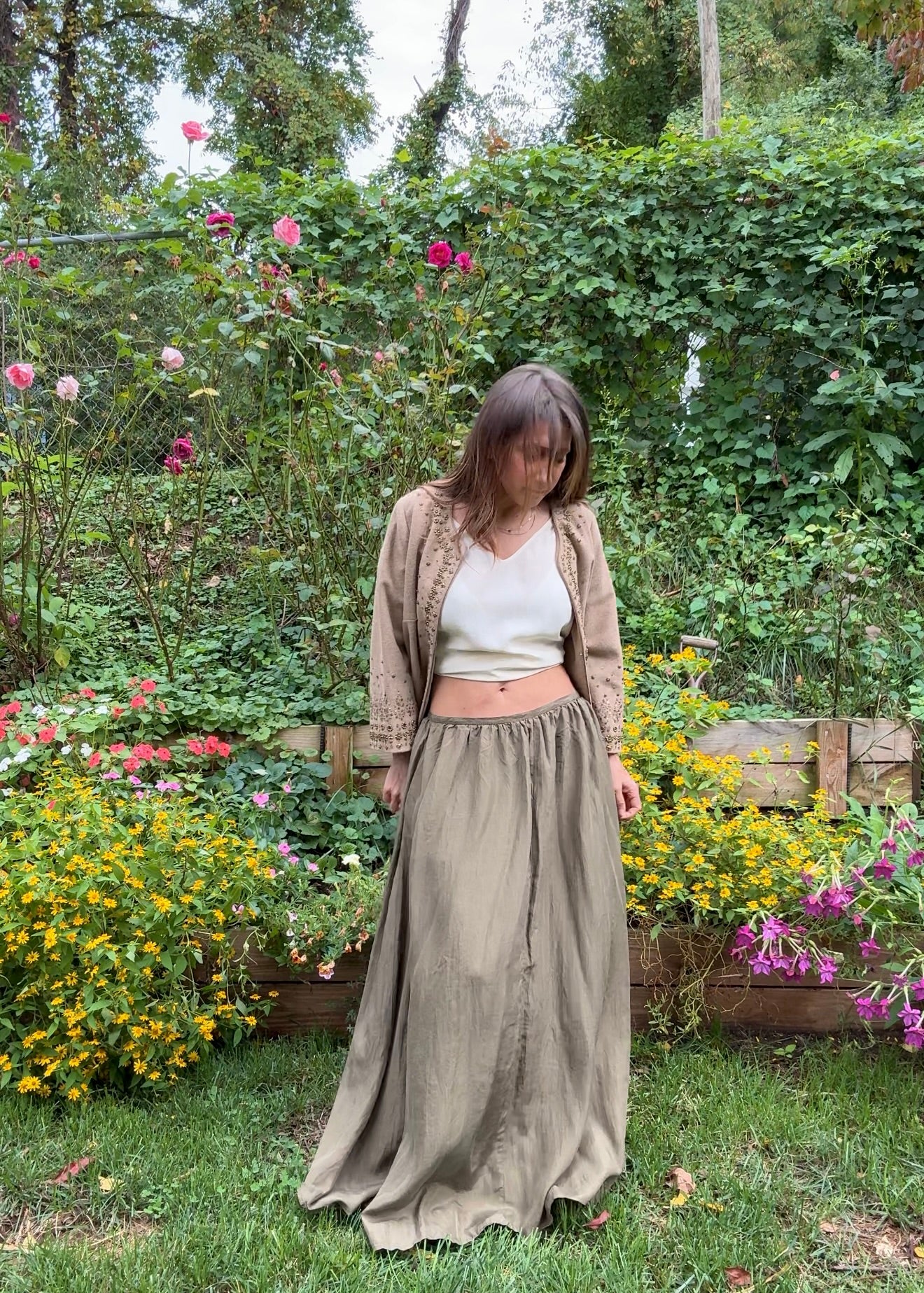 90s Silk Maxi Skirt – Minimal Luxe - Olive - Quiet Luxury